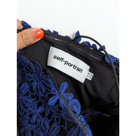 Self-Portrait Lace Double Peplum Tiered Pleated Navy Blue Midi Dress Size 2 - Picture 8 of 11